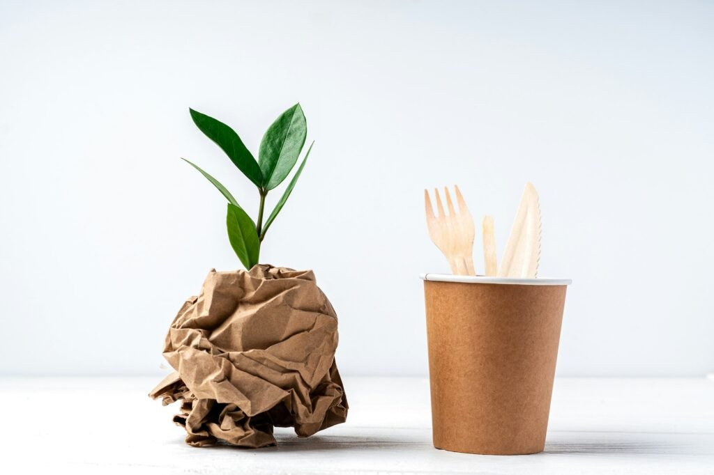 Green leaves and recycled paper cup and cutlery